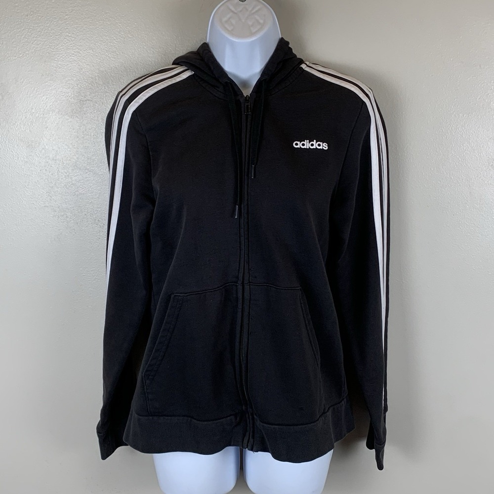 Adidas Hoodie Womens Large Black 3 Stripe Sleeves Logo Sporty Athleisure Retro